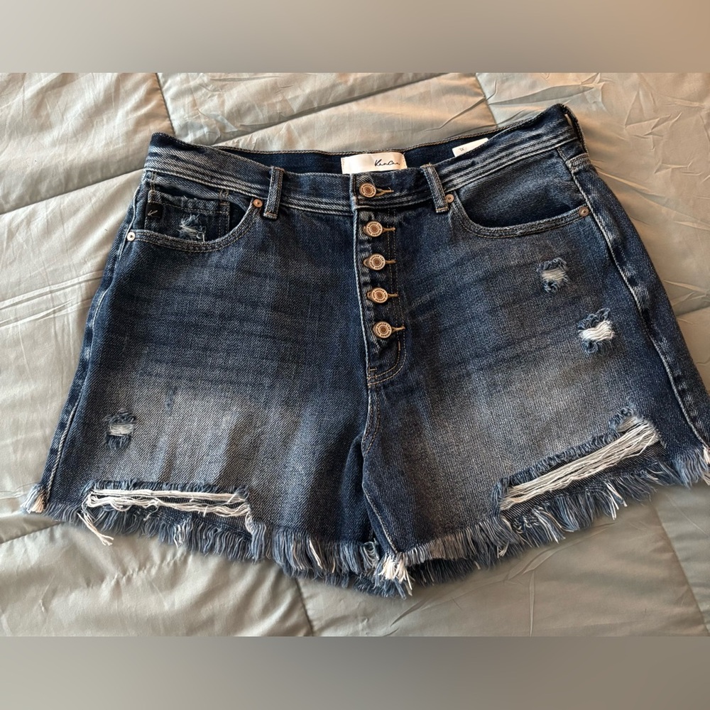 KanCan Dark Wash Button-Front Distressed Jean Shorts